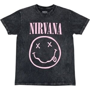Nirvana Graphic T-Shirt Small Charcoal Pink Acid Wash Smiley Face Band Tee